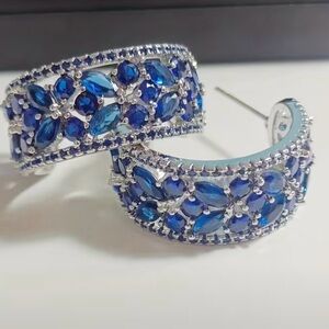 Sapphire Blue Silver Hoop Earrings